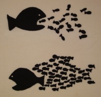 large fish eating small fish, small fish organize to chase off large fish looking like bigger fish collectively