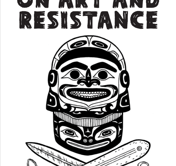 “Gord Hill on Art and Resistance | The Final Straw Radio, March 10, 2019” featuring a once face sitting atop another over cross-bones style club and knife from Gord Hill's Kwakwaka’wakw nation-inspired inkings of different characters