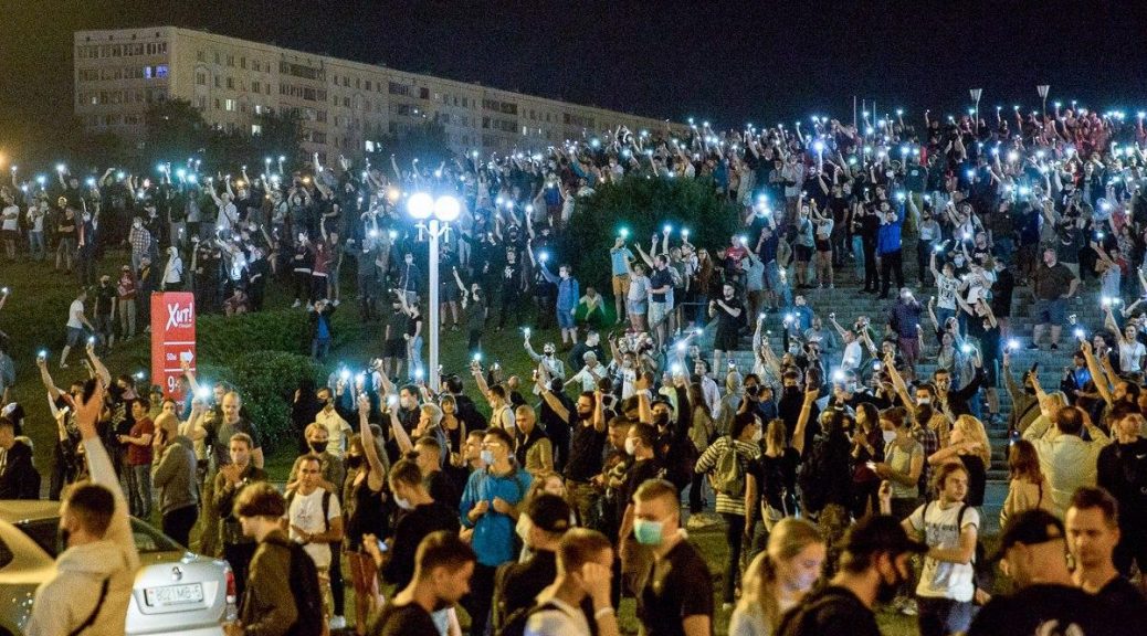 Anarchists and other anti-dictatorship protestors marching in Minsk, Belarus, August 11 2020