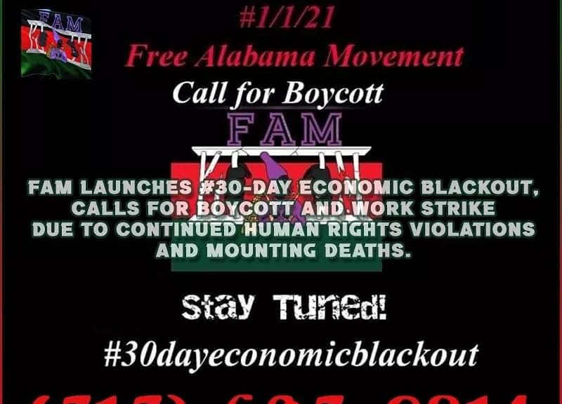 An image with the FAM logo announcing a 30 day boycott of alabama prison labor and spending, with a link to their blogtalk radio show at abolitiontoday.org