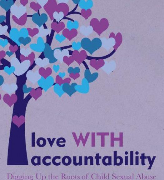 Book cover of "love WITH accountability", purple color, a tree with leaves appearing as blue, pink and purple flowers