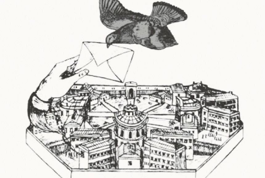 Birds dropping letter to hand reaching out of prison