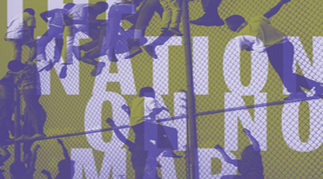 Book cover of "The Nation On No Map" book, featuring people scaling a fence