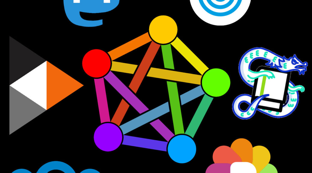 proposed vediverse logo of multicolor pentagon/pentagram with logos for 6 different fediverse projects around it
