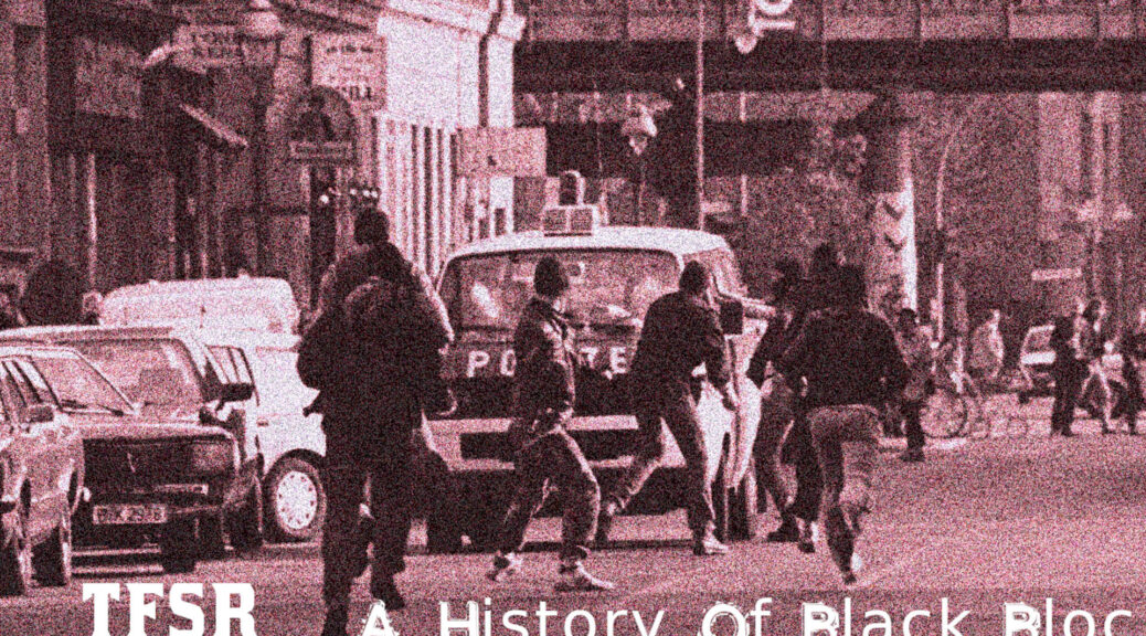 A picture of Autonomen approaching bulle van to apply damage from May Day 1987
