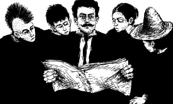 drawing of Magon holding Regeneracion open for many different people including punks, youth, women and peasants, to read