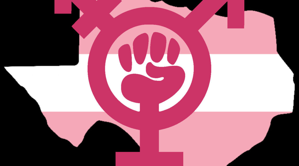black background, trans flag in the shape of the US state of Texas overlaid with a purple feminist symbol with a fist in the middle