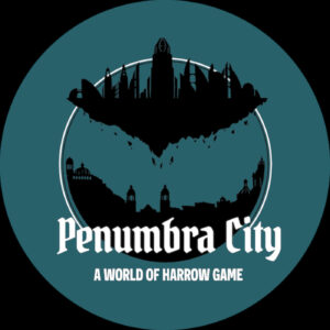 "Penumbra City: A World of Harrow Game" logo, showing a chunk of land pulling up and floating above the landscape with a city on top, small pieces of soil dripping down