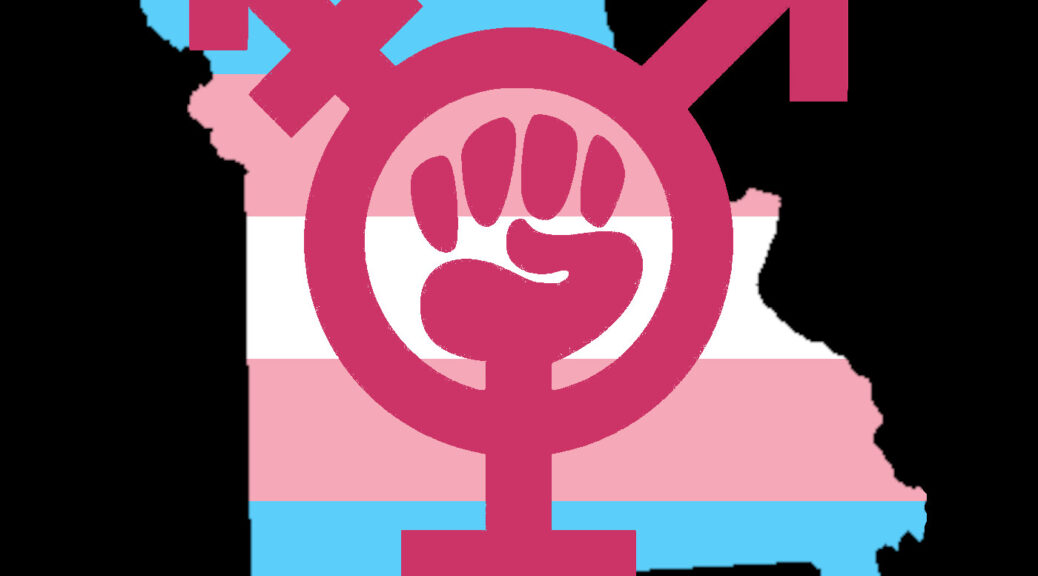 Missouri state borders in Trans Flag colors with trans resistance logo in purple all over black background