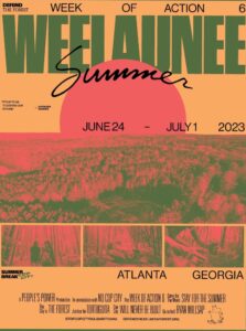 Poster advertising week of action based on the style of the movie poster for Endless Summer featuring a setting sun and polarized pictures of the forest from above and within “DEFEND THE FOREST Week OF ACTION 6 WEELAUNEE Summer "IT'S UP TO US TO DEFEND OUR FUTURE" -KATHLEEN HANNAH JUNE 24 - JULY 1 2023 SUMMER P BREAK COP CITY, ATLANTA A PEOPLE'S POWER Production In association with NO COP CITY The WEEK OF ACTION 6 GEORGIA Week STAY FOR THE SUMMER City is THE FOREST Justice for TORTUGUITA WILL NEVER BE BUILT Go to hell RYAN MILLSAP STOPCOPCITYSOLIDARITY.ORG DEFENDTHEATLANTAFOREST.ORG”