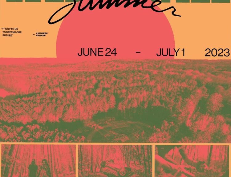 Poster advertising week of action based on the style of the movie poster for Endless Summer featuring a setting sun and polarized pictures of the forest from above and within “DEFEND THE FOREST Week OF ACTION 6 WEELAUNEE Summer "IT'S UP TO US TO DEFEND OUR FUTURE" -KATHLEEN HANNAH JUNE 24 - JULY 1 2023 SUMMER P BREAK COP CITY, ATLANTA A PEOPLE'S POWER Production In association with NO COP CITY The WEEK OF ACTION 6 GEORGIA Week STAY FOR THE SUMMER City is THE FOREST Justice for TORTUGUITA WILL NEVER BE BUILT Go to hell RYAN MILLSAP STOPCOPCITYSOLIDARITY.ORG DEFENDTHEATLANTAFOREST.ORG”