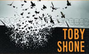 the top of a prison wall breaking up into birds flying into the sky