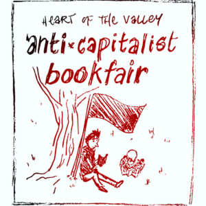 line drawing of a person under a flag with a basket and a book leaning against a tree