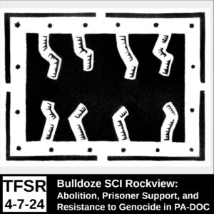 Black and white cartoon of a grill with prison bars at bent and torn