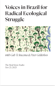 zine cover of our interviews "Voices in Brazil for Radical Ecological Struggle with Gah Te Iracema & Peter Gelderloos | The Final Straw Radio - Nov 23, 2025" featuring an image of tall trees over grasslands with a river flowing along the right of the picture